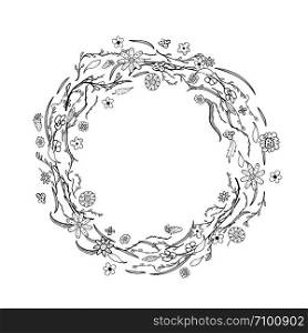 wild flowers and leaves wreath composition. Hand drawn style round border. Vector ilustration.