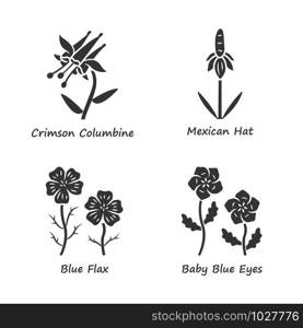 Wild flowers glyph icons set. Crimson california, mexican hat, linum, baby blue eyes. Field plants. Blooming wildflowers, weed. Spring blossom. Silhouette symbols. Vector isolated illustration