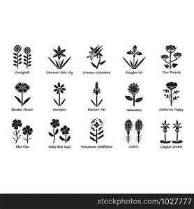 Wild flowers glyph icons set. Spring blossom. California wildflowers with names. Garden blooming plants inflorescences. Botanical bundle. Calflora. Silhouette symbols. Vector isolated illustration
