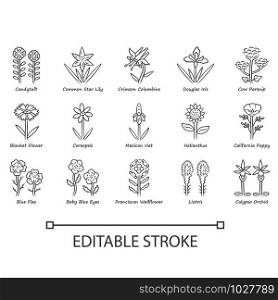 Wild flowers linear icons set. Spring blossom. California wildflowers with names. Garden blooming plants. Botanical bundle. Thin line contour symbols. Isolated vector illustrations. Editable stroke