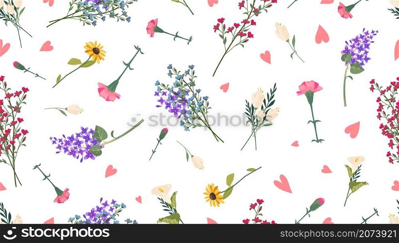Wild flowers pattern. Spring summer print, love romantic floral vector seamless texture. Illustration romantic spring floral pattern decoration. Wild flowers pattern. Spring summer print, love romantic floral vector seamless texture