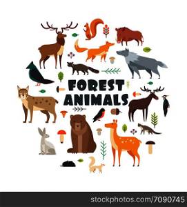 Wild forest animals and birds arranged in circle. Vector cover design. Wild mammal and forest bear, bird, fox illustration. Wild forest animals and birds arranged in circle. Vector cover design