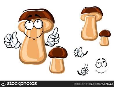 Wild forest king bolete mushroom cartoon character with pale brown cap, isolated on white. Smiling cartoon brown bolete mushroom