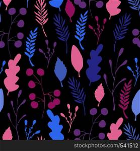 Wild forest leaves seamless pattern. Blue branch berry Illustration. Vector illustration on black background. Wild forest leaves seamless pattern. Blue branch berry Illustration