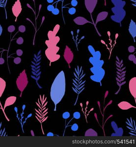Wild forest leaves seamless pattern. Blue branch berry Illustration. Vector illustration on black background. Wild forest leaves seamless pattern. Blue branch berry Illustration.