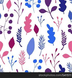 Wild forest leaves seamless pattern. Blue branch berry Illustration. Vector illustration on white background. Wild forest leaves seamless pattern. Blue branch berry Illustration.