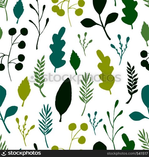 Wild forest leaves seamless pattern. Colored branch berry Illustration. Vector illustration on white background. Wild forest leaves seamless pattern. Colored branch berry Illustration.