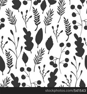 Wild forest leaves seamless pattern. Silhouette branch berry Illustration. Vector illustration on white background. Wild forest leaves seamless pattern. Silhouette branch berry Illustration.