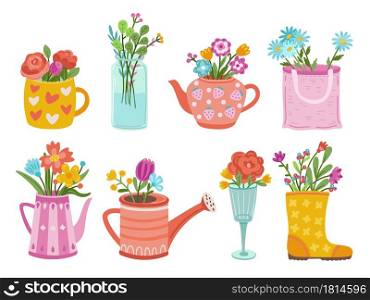 Wild garden bouquets. Wildflowers, herbs bunch in vases. Floral branch decoration, isolated meadow blooming plants exact vector collection. Illustration spring floral leaf, flower romantic decoration. Wild garden bouquets. Wildflowers, herbs bunch in vases. Floral branch decoration, isolated meadow blooming plants exact vector collection