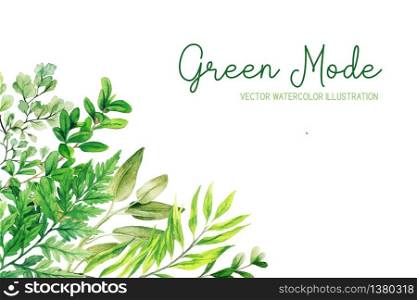 Wild herbs, leaves and ferns, bright colors, corner frame, hand drawn vector illustration
