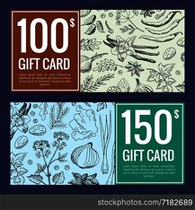 Wild herbs Sketch Gift Card. Vector hand drawn herbs and spices discount or gift card voucher templates illustration. Wild herbs Sketch Gift Card. Vector hand drawn herbs spices discount