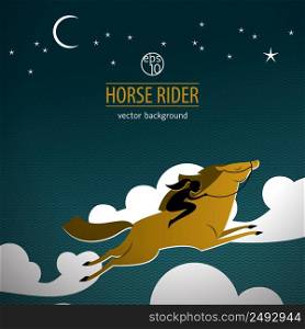 Wild horse colored poster beige horse with rider in the clouds and inscription horse rider vector illustration. Wild Horse Colored Poster