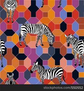 Wild horse zebra on the positive energy tint color, multicolor tile geometrical background