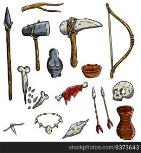 Wild hunter weapon. Set of tool prehistoric caveman. Stone axe and bones, a wooden spear, meat, bow and arrow. Wild hunter weapon.