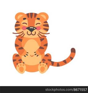 Wild kitten. Childish tiger, offspring mammals, vector illustration isolated on white background. Wild kitten. Childish tiger, offspring mammals, vector illustration