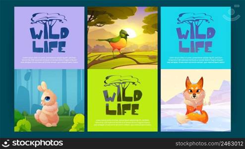 Wild life cartoon banners with forest animals and bird on scenery nature landscape. Environment protection emblems with tree symbol, cute rabbit, fox and birdie sitting on branch, Vector illustration. Wild life cartoon banners with forest animals