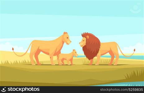 Wild Lion Family Composition. Lion farm nature background composition with doodle cartoon style great cats family and pristine wilderness scenery vector illustration