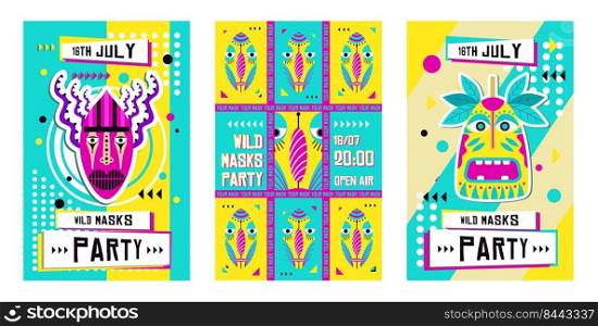 Wild mask party invitation cards design set. Traditional bright tribal masks in boho style vector illustration. Text, time and date s&les. Template for announcement posters or flyers