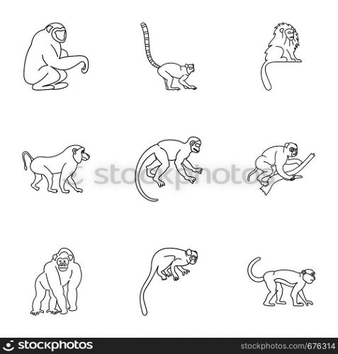 Wild monkey icon set. Outline set of 9 wild monkey vector icons for web isolated on white background. Wild monkey icon set, outline style
