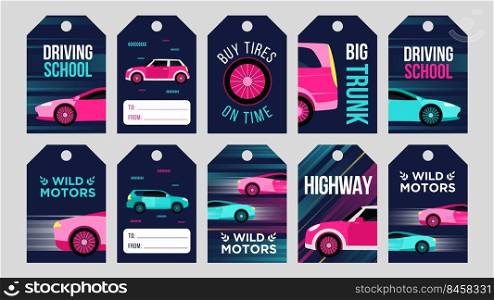 Wild motors tags set. Fast cars in motion, tires, highway vector illustrations with text, time and date. Car shop or driving school concept for retail flyers or labels design