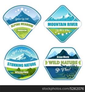 Wild Nature Logotype Collection. Nature landscape logos set of four isolated alpine mountain emblems with wild scenery images and text vector illustration