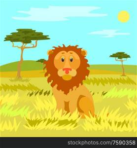 Wild nature of Africa safari vector, lion on grass. Carnivore king of animals, sunshine and fair weather, trees and heat. Leo with furry brown coat. Lion Sitting Calmly on Dry Grass, Wild Nature