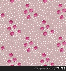 Wild nature seamless pattern with simple pink berries silhouettes. Lilac pale background with dots. Designed for fabric design, textile print, wrapping, cover. Vector illustration.. Wild nature seamless pattern with simple pink berries silhouettes. Lilac pale background with dots.