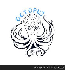 Wild ocean octopus character with lettering. For coloring page, logotype and other design. Wild ocean octopus character with lettering. For coloring page, logotype and other design.