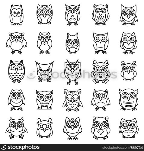 Wild owl icons set. Outline set of wild owl vector icons for web design isolated on white background. Wild owl icons set, outline style
