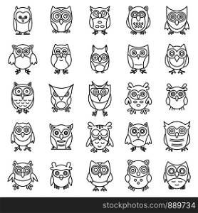 Wild owl icons set. Outline set of wild owl vector icons for web design isolated on white background. Wild owl icons set, outline style