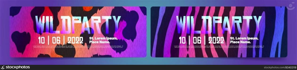 Wild party invitation flyers to night club entertainment with holographic fur textures, ombre animal skin pattern, zebra or tiger stripes and cheetah dots on glowing neon background, Vector banners. Wild party invitation to night club entertainment