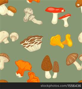 Wild plants mushrooms seamless pattern cooking ingredients vector cep and puffball russule and champignon oyster, and chanterelle shitake and morel saffron milk cap endless texture forest food. Mushrooms seamless pattern wild plants cooking ingredients