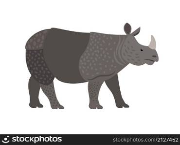 Wild rhino. Cartoon big character of zoo, dangerous animal of savannah, symbol of strength, vector illustration of rhinoceros isolated on white background. Cartoon wild rhino