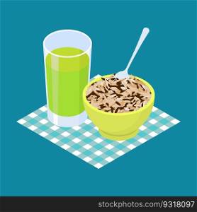 Wild rice Porridge and fruit juice. Breakfast Healthy food. Vector illustration 