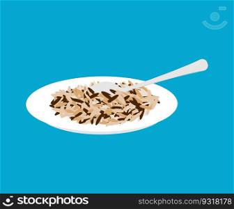 Wild rice porridge in plate and spoon isolated. Healthy food for breakfast. Vector illustration 