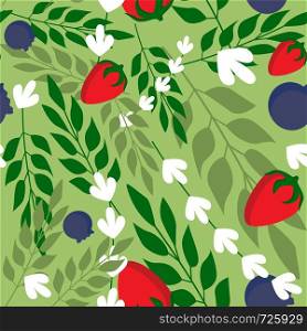 Wild strawberry and Herbal leaves seamless pattern , Fashion, interior, wrapping consept. Contemporary vector illustration on green background. Wild strawberry and Herbal leaves seamless pattern