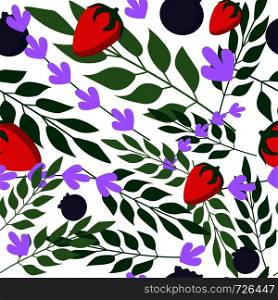 Wild strawberry and Herbal leaves seamless pattern , Fashion, interior, wrapping consept. Contemporary vector illustration on white background. Wild strawberry and Herbal leaves seamless pattern