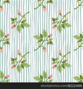 Wild strawberry seamless pattern. Wild berries floral wallpaper. Strawberry plant endless backdrop. Design for fabric, textile print, wrapping paper, cover. Vector illustration. Wild strawberry seamless pattern. Wild berries floral wallpaper. Strawberry plant endless backdrop.