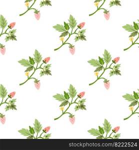 Wild strawberry seamless pattern. Wild berries floral wallpaper. Strawberry plant endless backdrop. Design for fabric, textile print, wrapping paper, cover. Vector illustration. Wild strawberry seamless pattern. Wild berries floral wallpaper. Strawberry plant endless backdrop.