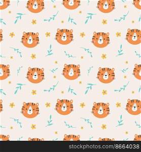 Wild tiger face seamless pattern. Cute animal childish vector texture. Decorative scandinavian style print for design with nature elements. Wild tiger cartoon pattern illustration. Wild tiger face seamless pattern. Cute animal childish vector texture. Decorative scandinavian style print for design with nature elements