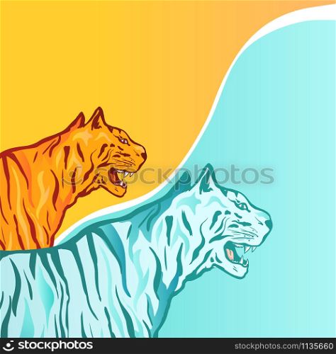 Wild tigers hand drawn vector illustration. Two tropical wildcats, yellow and blue color beasts composition. Surreal exotic predators. Spiritual animal concept. Angry predators drawing. Blue and yellow wild tigers vector illustration