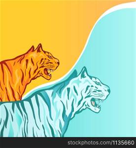 Wild tigers hand drawn vector illustration. Two tropical wildcats, yellow and blue color beasts composition. Surreal exotic predators. Spiritual animal concept. Angry predators drawing. Blue and yellow wild tigers vector illustration