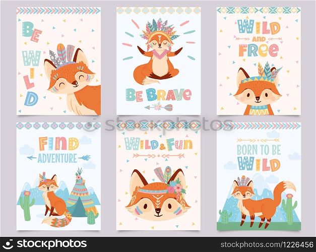 Wild tribal fox poster. Be brave, find adventure and free foxes with indian feathers and arrows cartoon posters vector illustration set. Postcard templates with cute animal and motivational phrases.. Wild tribal fox poster. Be brave, find adventure and free foxes with indian feathers and arrows cartoon posters vector illustration set