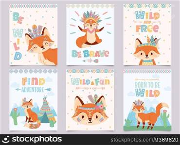 Wild tribal fox poster. Be brave, find adventure and free foxes with indian feathers and arrows cartoon posters vector illustration set. Postcard templates with cute animal and motivational phrases.. Wild tribal fox poster. Be brave, find adventure and free foxes with indian feathers and arrows cartoon posters vector illustration set