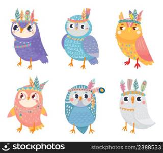 Wild tribal owl collection, night animal with colored feathers. Vector owl wise with colored wing, wisdom animal colorful illustration. Wild tribal owl collection, night animal with colored feathers