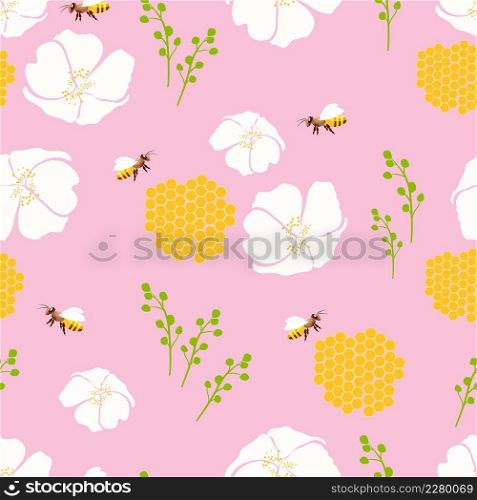 Wild wasps in a flower meadow.Seamless pattern of chamomile, daisy, with fly bee on a pink background.. Seamless pattern of chamomile, daisy, with fly bee on a pink background.Wild wasps in a flower meadow.