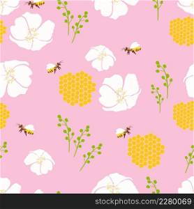 Wild wasps in a flower meadow.Seamless pattern of chamomile, daisy, with fly bee on a pink background.. Seamless pattern of chamomile, daisy, with fly bee on a pink background.Wild wasps in a flower meadow.
