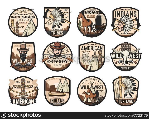 Wild West, American Western icons of saloon, cowboy and longhorn bull skull, vector. Native American symbols of Totem and Indian chief tomahawk, canoe and dream catcher, stage coach and horse. Wild West, American Western saloon, cowboy, skull