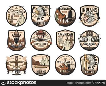 Wild West, American Western icons of saloon, cowboy and longhorn bull skull, vector. Native American symbols of Totem and Indian chief tomahawk, canoe and dream catcher, stage coach and horse. Wild West, American Western saloon, cowboy, skull