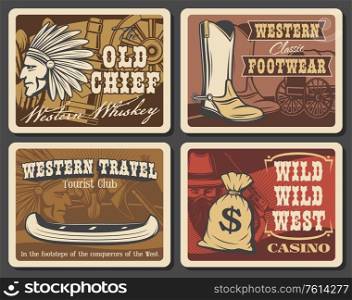 Wild west and western retro posters. Vector grunge cards with cowboy shoes, Indian warrior with plumage feather headdress, vintage wagon wheel, Western stagecoach, canoe boat, robber and money sack. Wild west and western retro posters, vector